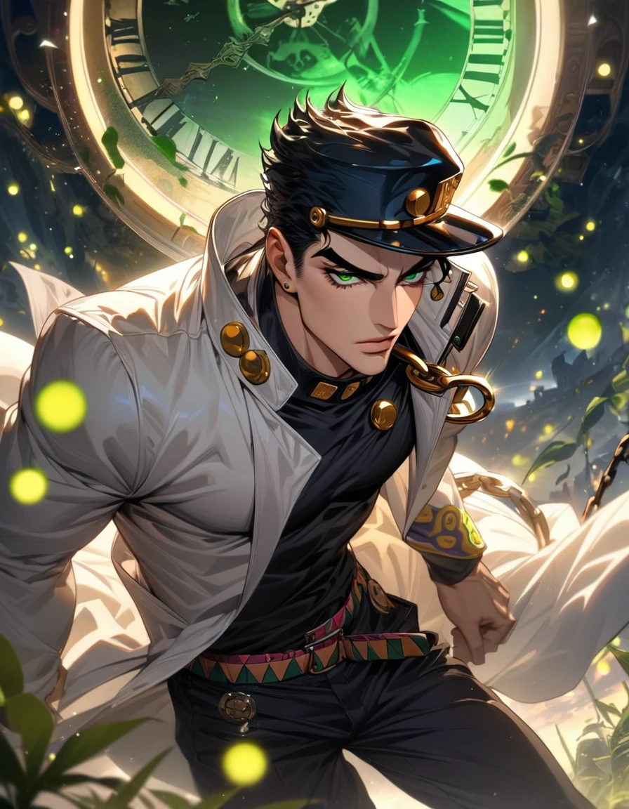 absurdres, highres, ultra detailed, HDR, master piece, best quality, extremely detailed face and eyes, perfect face, Jotaro Kujo, expressive green eyes, black hair, jojo bizarre adventure, solo, sexy man, handsome, white coat, black pants, clock mechanical moon, fantasy, chains, fireflies