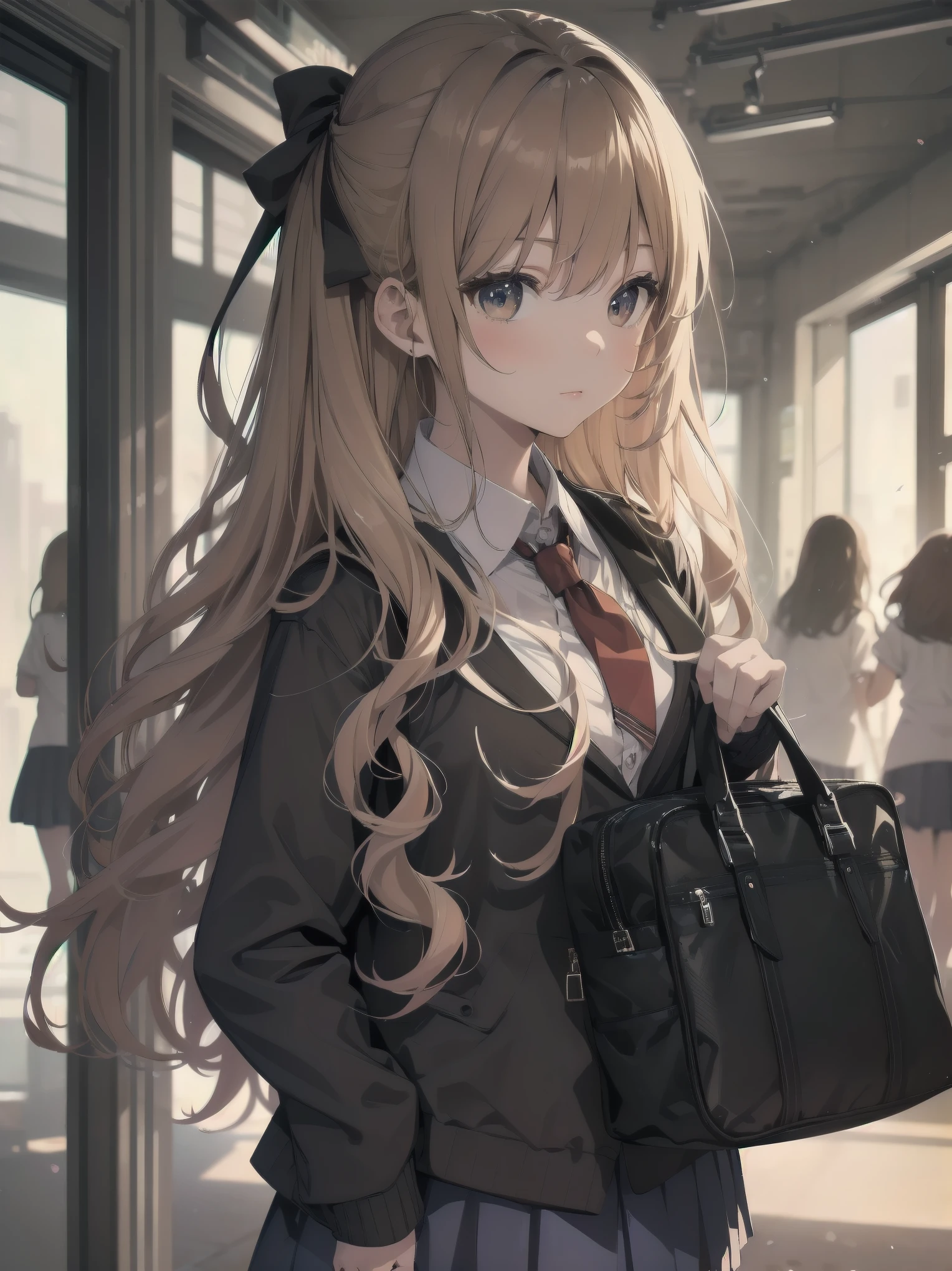 Masterpiece, top quality, super detailed, 16k,
One girl, spring, high school, warm colors, school bag, accurate and highly detailed background, flock of schoolgirls in uniforms of various body shapes and hairstyles, cute.
Blake.
A beautiful girl with wavy crimson hair. she is very well developed