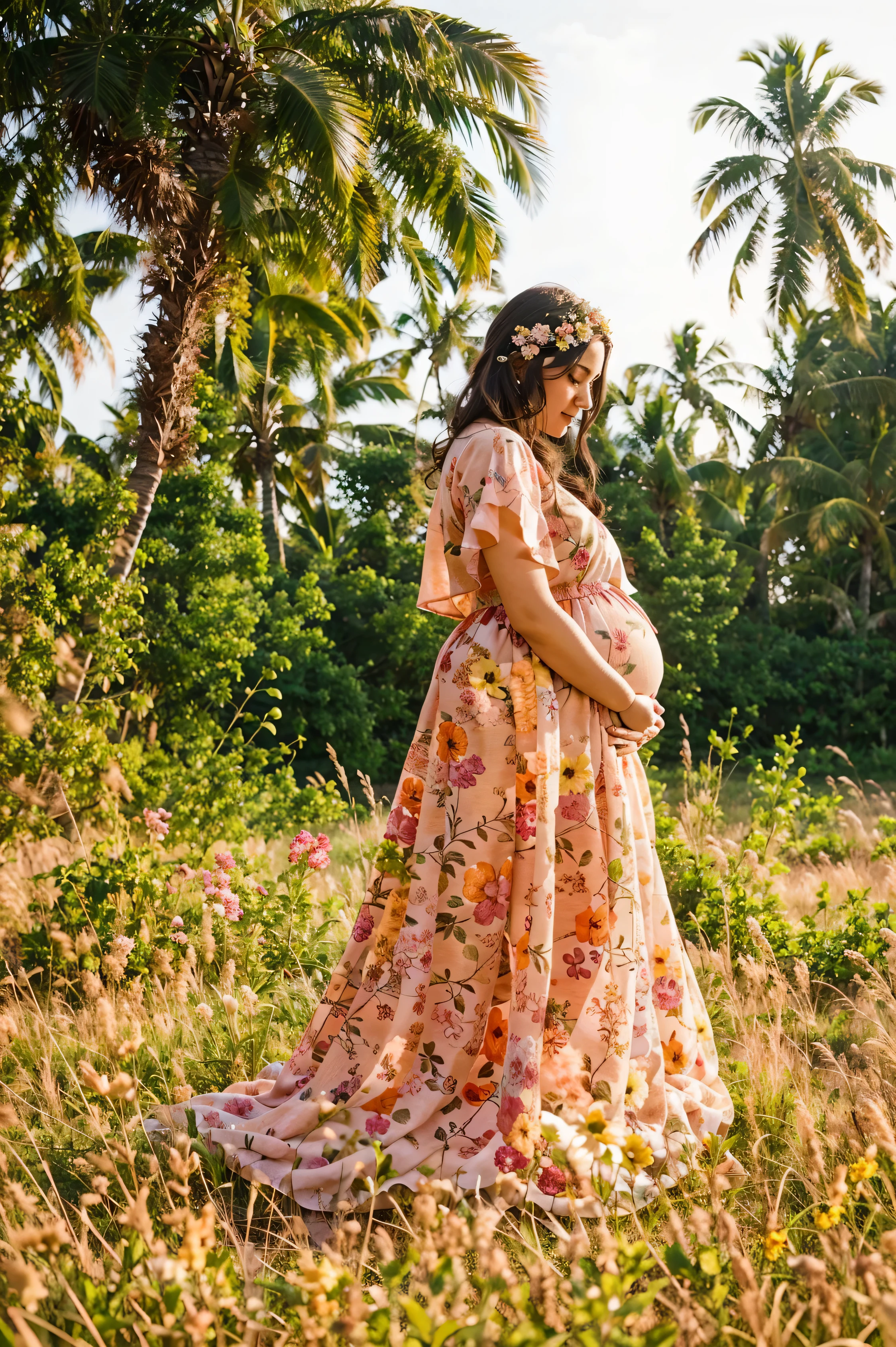 A pregnant woman with big breasts, wearing a dress made of flowers, under her feet and behind her is a forest of blooming flowers, with all kinds of flowers in many colors, each flower is blue, red, yellow, green, purple, with sunlight shining through the leaves, on the mountains in the distance are mountains with white clouds swirling around, wearing a gorgeous outfit, gorgeous dress, intricate dress, elegant fire dress, gorgeous and elegant, lavish dress, inspired by Hedi Xandt, gorgeous dress, intricate dress, gorgeous royal dress, gorgeous clothes, gorgeous dress, intricate and elegant, dress with intricate details, gorgeous, high heels, royal dress, detailed hands, Fire in the body, water on the dress, lightning element, fire element, lightning wings, full water, Transparent clothes, masterpiece, best quality: 1.2),, (8k, high resolution, RAW images, realistic, photorealistic: 1.3), (detailed skin texture, detailed cloth texture, detailed water, detailed trees, detailed textured flowers, detailed leaves, detailed colors, beautifully detailed faces: 1.25), professional lighting, photon mapping, beautiful soft lighting, brightness, physically based rendering, ray tracing, model shooting style, model shooting style, (Unity's super detailed 8k CG backgrounds), the world's most beautiful full body artwork, pregnant woman in a peach dress posing for a studio photo, flowing salmon-colored silk, pregnant belly, full body photoshoot, wearing long gown, studio portrait photography, pregnancy, full body portrait shot, studio photography portrait, full body wide shot, full length portrait, award winning studio photo, full body photograph, pregnant, full - length photo, maternal photography 4 k