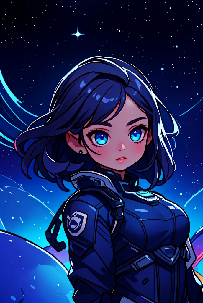 (best quality,4k,8k,highres,masterpiece:1.2),ultra-detailed,(realistic,photorealistic,photo-realistic:1.37),space girl,detailed eyes blue and lips,beautiful face,shiny hair,scintillating makeup,stunning outfit,galactic background,cosmic scenery,celestial bodies,sparkling stars,nebulous clouds,galaxy clusters,glimmering spaceship,futuristic atmosphere,vibrant colors,ethereal lighting,dramatic shadows,sci-fi concept art