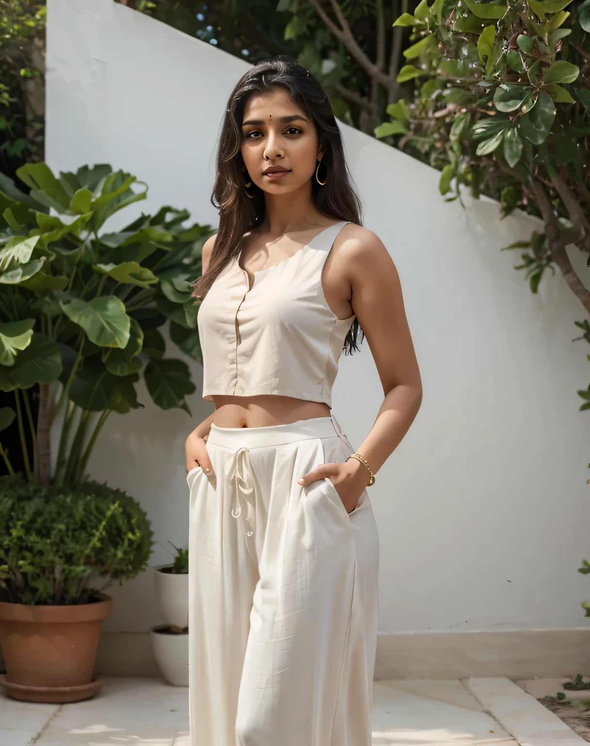 Tanvi in a palazzo suit. A fitted, sleeveless top with a modest neckline. Wide-legged, high-waisted palazzo pants. Minimalistic embellishments. Best quality, realistic picture.
