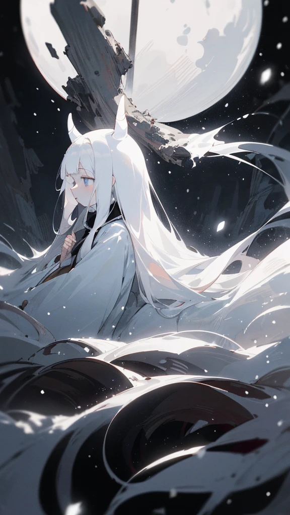 (masterpiece、highest quality)、Warm lighting、 Blurred foreground、Deep in the night、High Contrast,it's snowing,Black night,full moon,universe,planet,Moon and Earth,Ruined World,Very long white hair,Princess Kaguya,Snow-white long hair,Very small white horn-like hairs