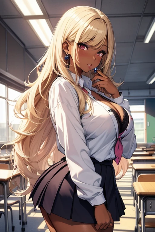 (masterpiece, best quality), 1girl, Miss, Tall, Fit, Square Face, Dark Skin, blonde Hair, pink Eyes, Straight Nose, full Lips, Receding Chin, Long Hair, Wavy Hair, gyaru hair, highlights in hair, large breasts, earrings, lipstick, gyaru, short school skirt, school shirt, cleavage, bra peek, wide hips, indoors, school classroom, being watched, showing off body, large ass, (view from front)