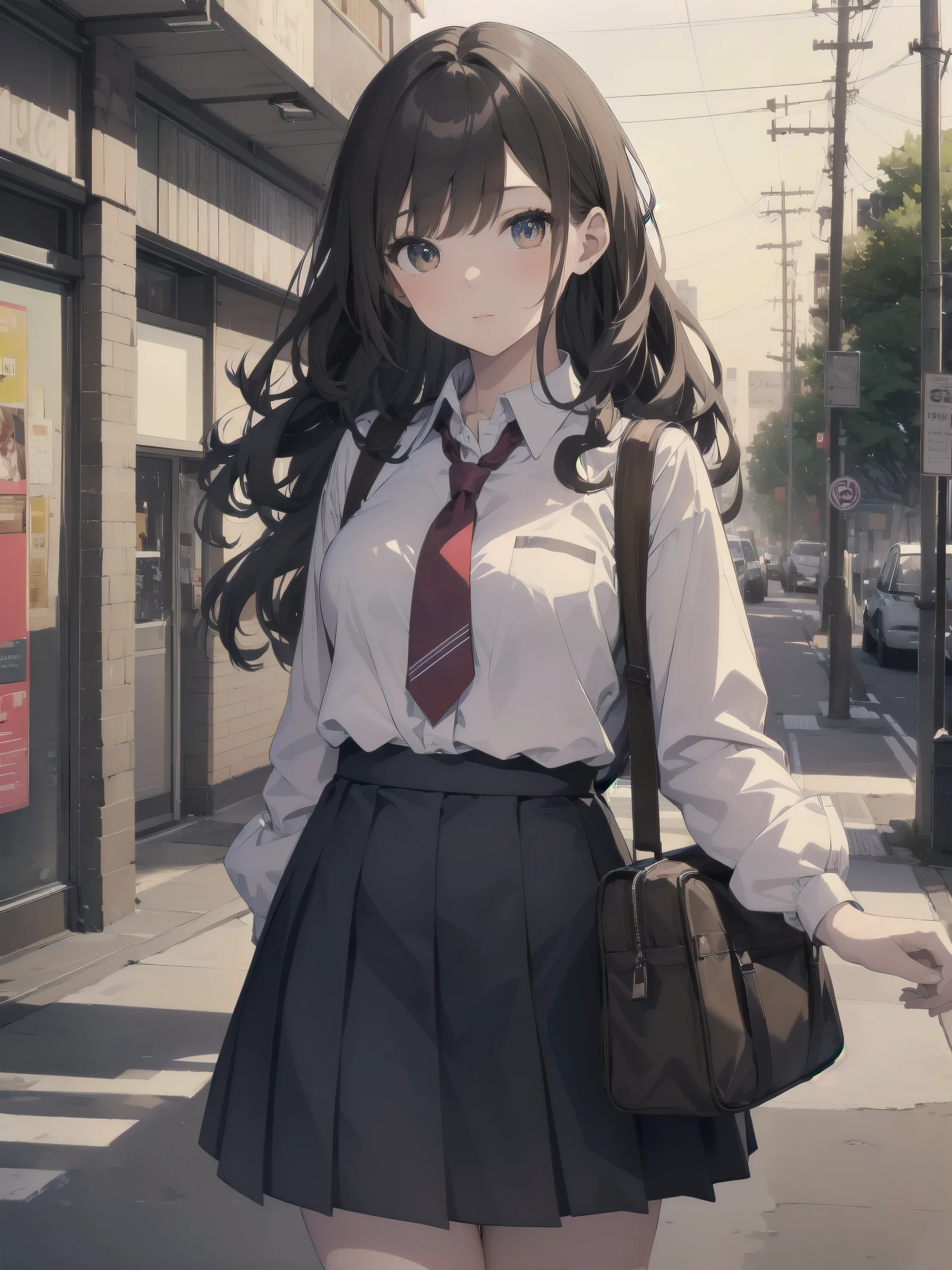 Masterpiece, top quality, super detailed, 16k,
One girl, spring, high school, warm colors, school bag, accurate and highly detailed background, flock of schoolgirls in uniforms of various body shapes and hairstyles, cute.
Blake.
A beautiful girl with wavy crimson hair. she is very well developed