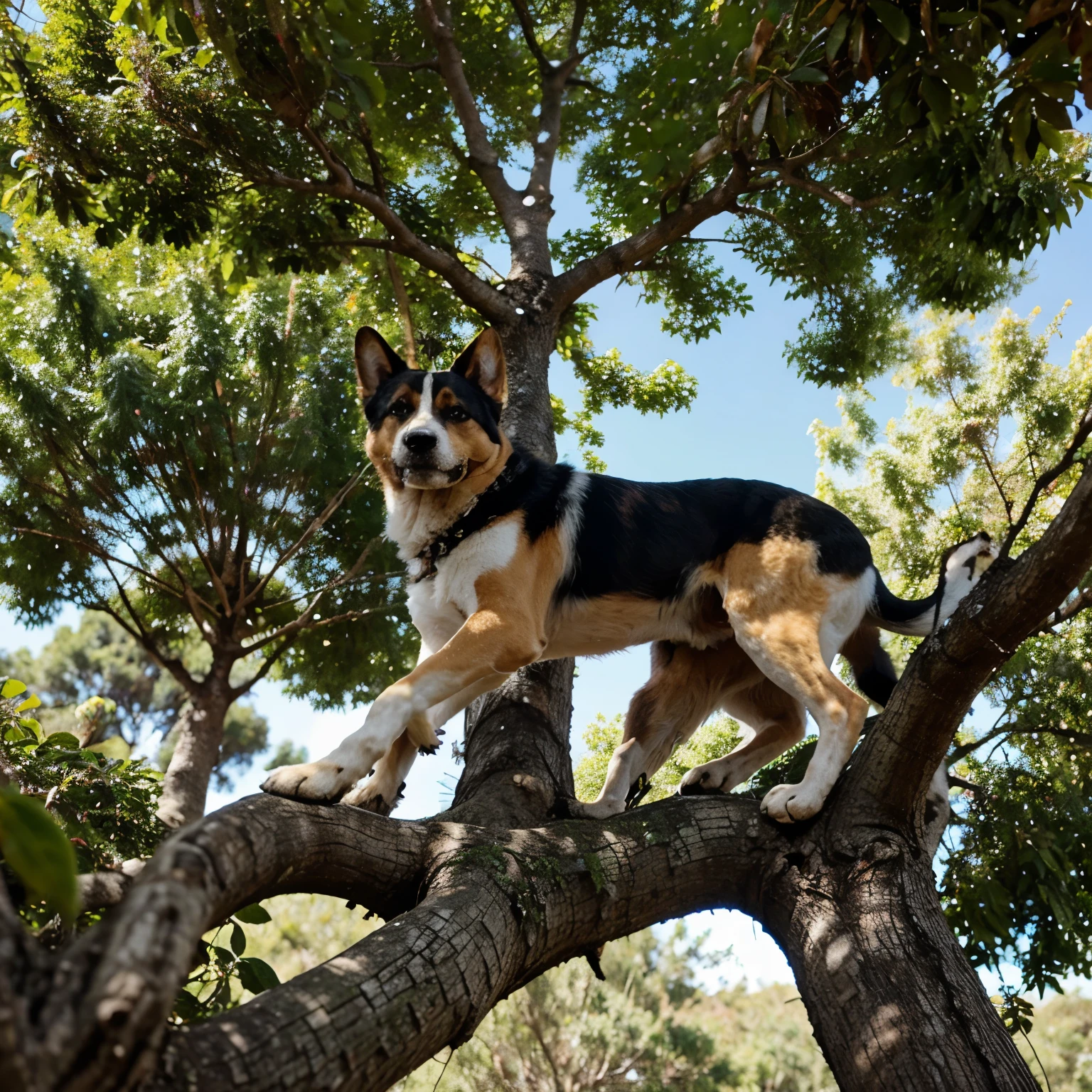 Perro sentado en un arbol viendo la colina