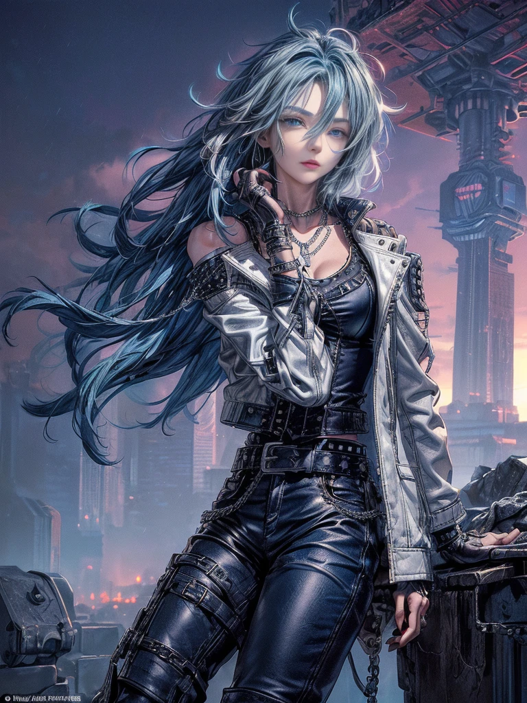 cinematic lighting、highest quality,cyberpunk world、1 female、(20 year old beautiful woman、Detailed beautiful facial featureEdium hair blue hair、shoulder length hair、messy hair、blue eyes:1.4)break,medium hair、(Bright blue hair:1.5)
break
((dark leather rebellion) theme),(Punk Rock T-Shirt:1.3) (A leather outfit with a fitted white leather jacket, leather pants, And thick boots:1.1), (Accessorized with silver chain jewelry and a studded leather belt:1.3)、break.(blue hair)
(Evening after the rain、I can see the sunset、Where you can see futuristic buildings in the distance、Wet area immediately after rain:1.2)break(portrait angle)