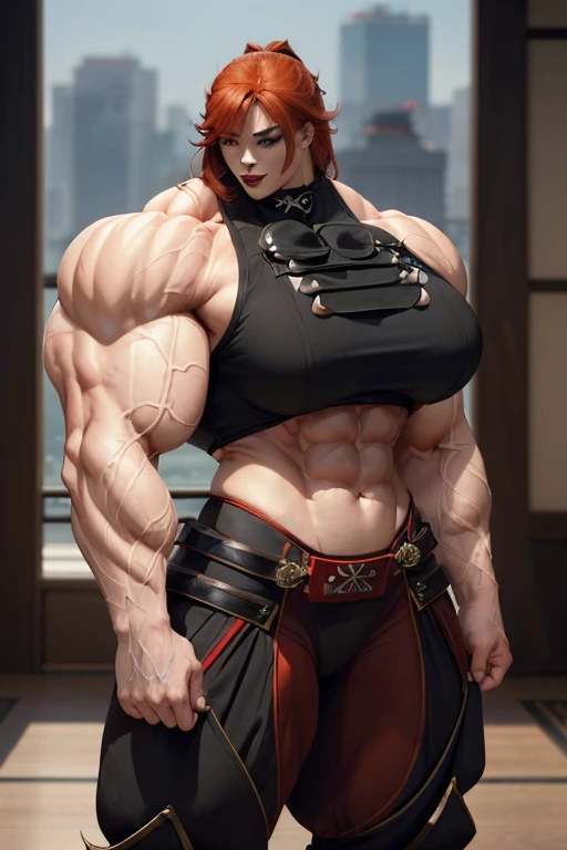 ((Close-up)), tall, (red hair) beautiful muscular asian woman, long hair, pale white skinned, closed smile, (black lipstick), (massive muscles), (hyper muscle), ((ginormous bulky muscles)), yellow eyes, ((red lace bra)), (((black long pleated skirt with belt))), (fingerless gloves), Jewel choker, (thigh highs), (flexing bicep), morning in college, 