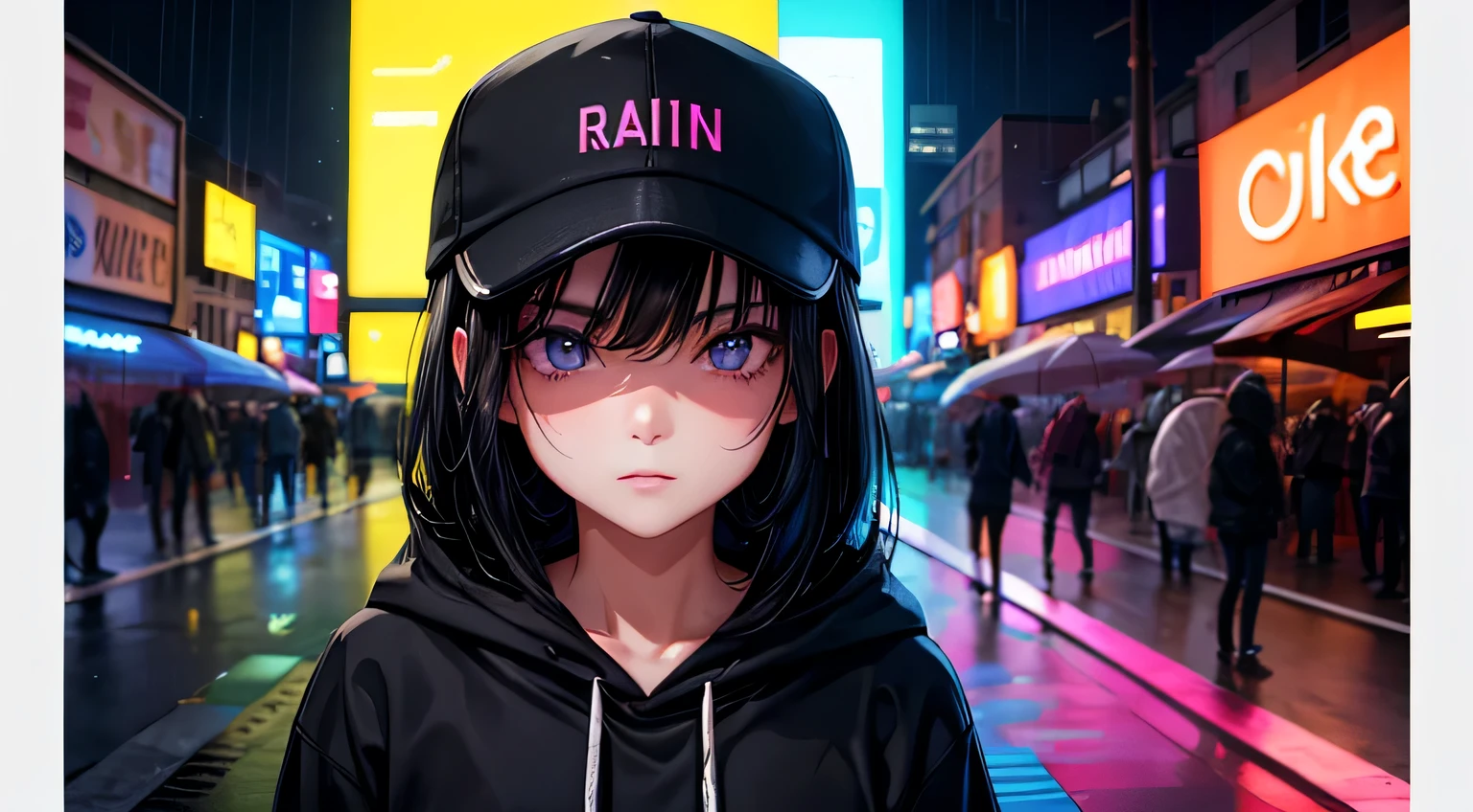 woman　1 person　Black Hair　Berry Short　Large hoodie　plain baseball cap　Perfect facial expression　Perfect hair description　Perfect eye depiction　Neon Light　it&#39;s raining