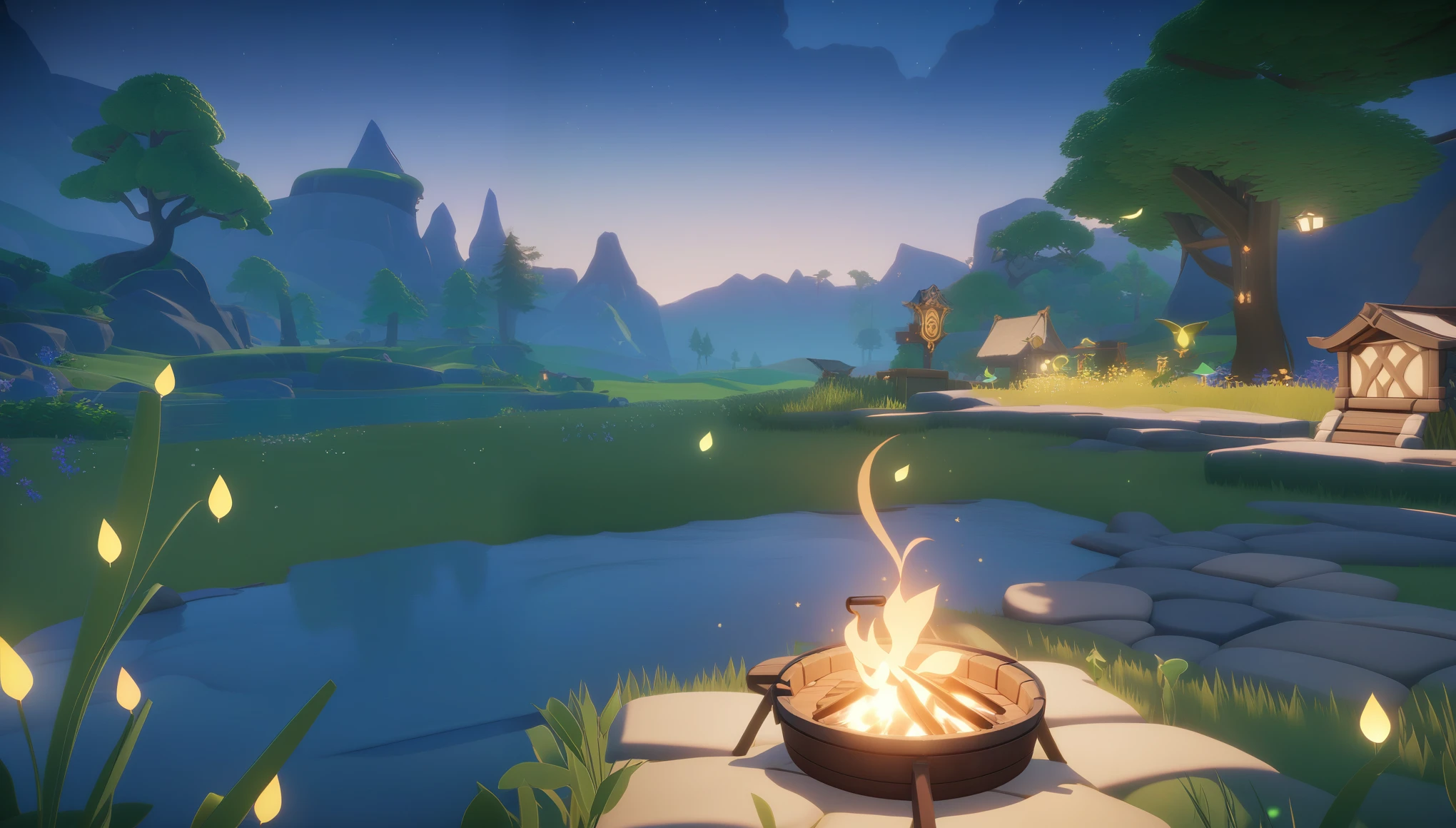 Genshin Impact 3D animation, beautiful Genshin Impact scenery of field:1, night time, campfire, dark, mobile adapted:0.7, horizon line, forest, Genshin Impact cut-scene, fireflies:1.1, fireflies everywhere:1.1, Le mejor condidad, ultrahigh resolution, ultra detailed:1.1, 8k Genshin Impact gameplay footage