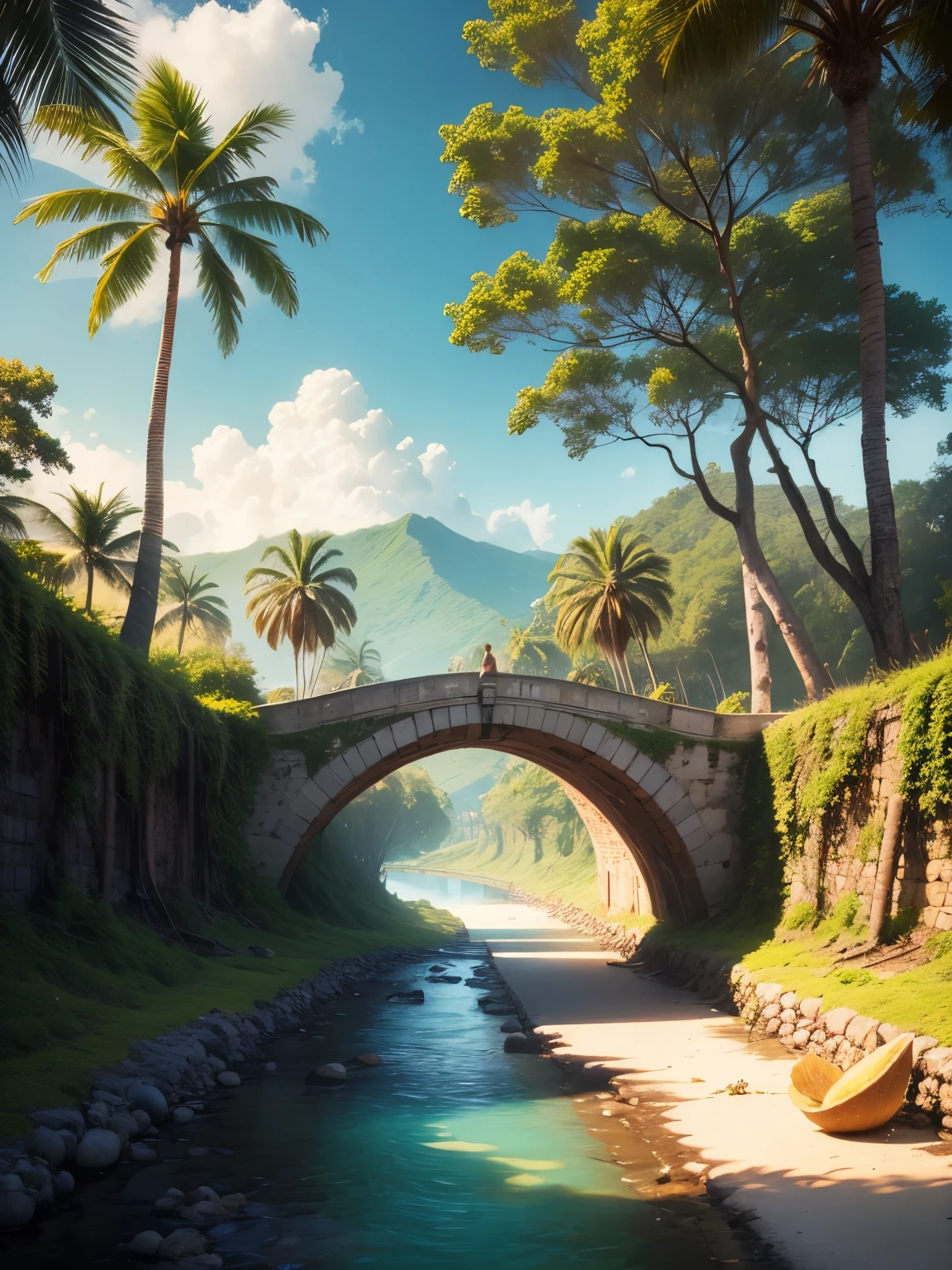 Coconut groves,Bridge over the River,Coconut grove tree shadow,Get lost in a dreamy fairytale landscape,masterpiece,Super Detail,High Definition,8K