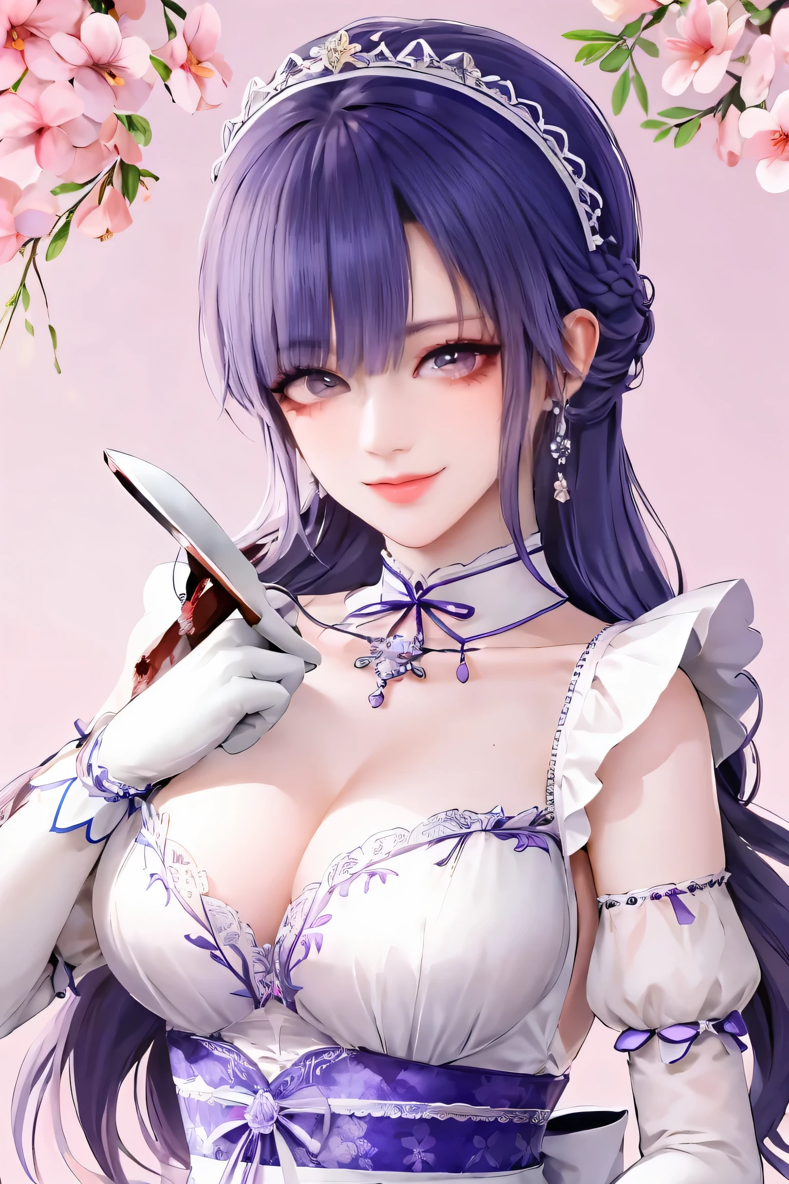 Shojo style, JK style, (floral background), romantic, (Fiona), 1 woman,(((have a mischievous smile,elder sister))), black curly hair,long black hair,alone, braid,((Maid outfit, Shaking skirt,open chest,Show your breasts:1.35,The cracks are clear...)),Made headband decorated with ฟ้าอ่อน flowers., White and purple dress, glove, long sleeve shirt,white stockings, choker, Mascara, lip makeup, white glove, black bow,holding a bloodstained kitchen knife, bow, decorate, (looking at the audience,Smile for the camera..) collarbone, puffy sleeves, money accessories, Full body, smooth, light blue set, court, gag, Detailed eyes, cowboy shoot