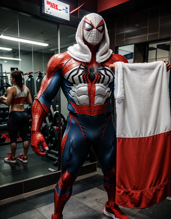spiderman, holding towel, wear nike shoes. super sturdy, big muscle, mecha silver spider armor. gym as background
