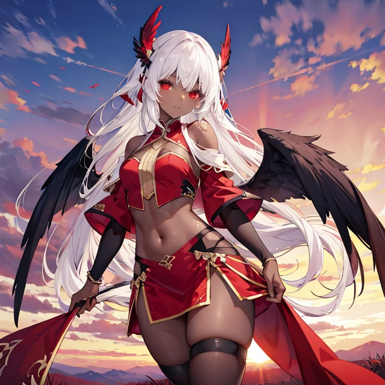 Thighs、Dark skin、Red clothes、belly button、shoulder、turbaned、The background is the wilderness、outside、long hair、Red eyes、Red sunset、Open-chested clothing、Black wings、White Hair、