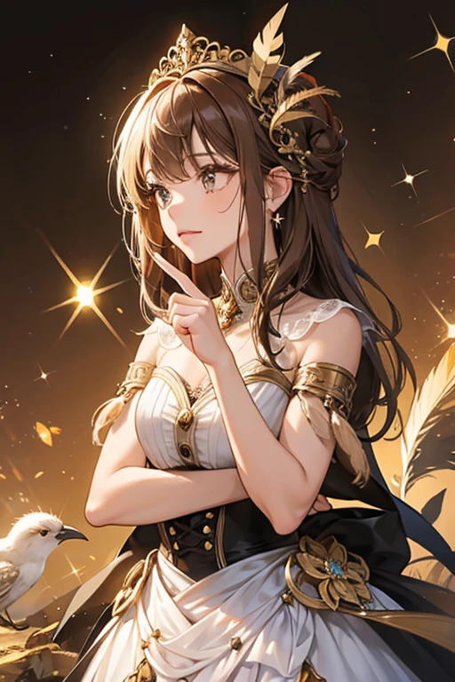 She is like a with a sharp beak, brown and tan feathers. SPARKLE; GLITTER