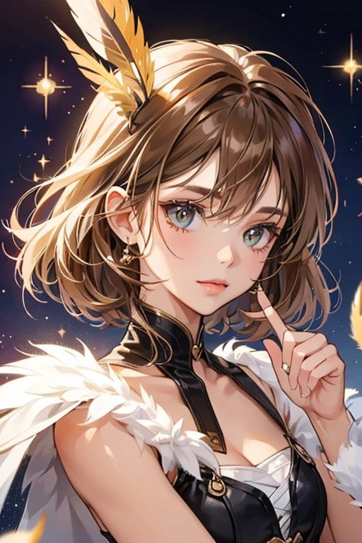 She is like a with a sharp beak, brown and tan feathers. SPARKLE; GLITTER
