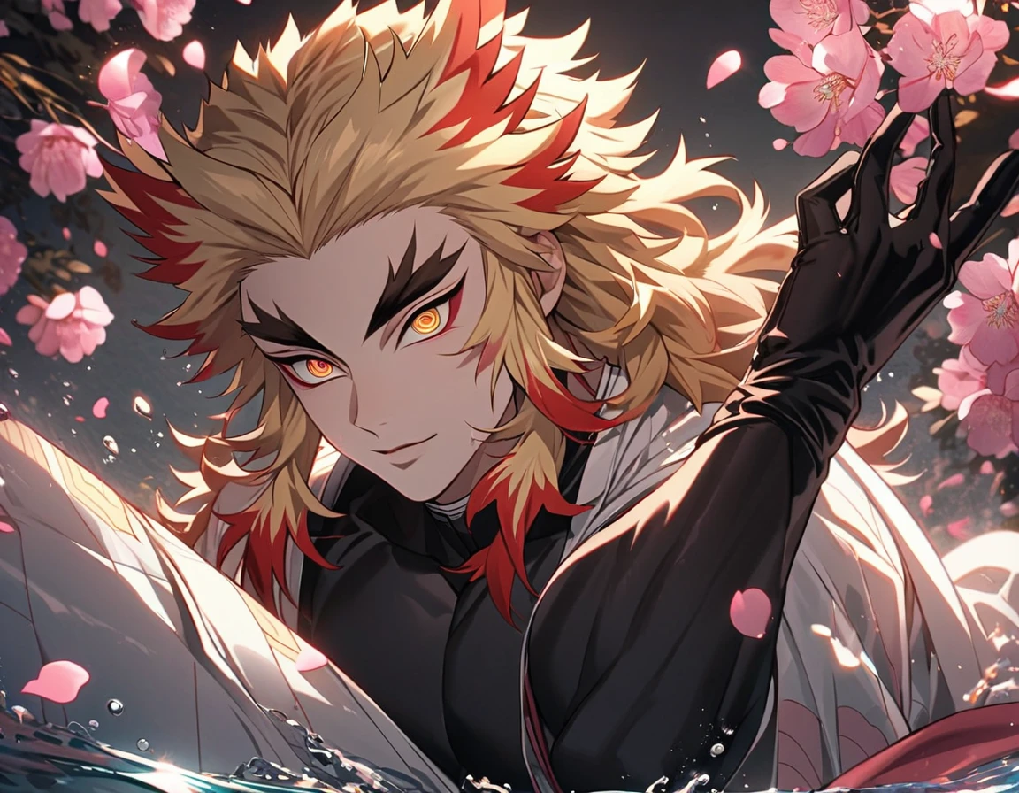 Ultra detailed, Highres, absurdres, Rengoku Kyojuro, blond hair, golden eyes, white long coat with patterns, Kimetsu No Yaiba, pink flowers, petals, extremely handsome, sexy man, solo, very detailed eyes and face, black gloves, water, pink butterflies, black tight t-shirt,