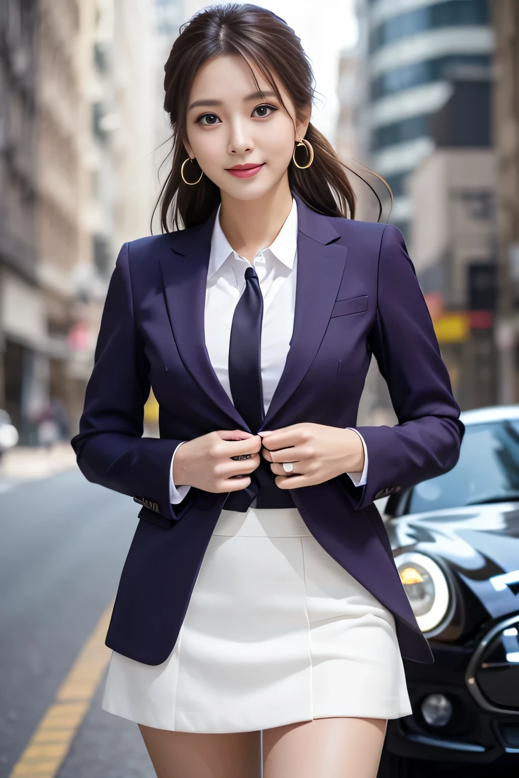 (1 female), beautiful, Great face and eyes, Compensate, (Very detailedbeautiful顔), Captivating smile, (highest quality:1.4), (Very detailed), (very detailed CG integrated 8k wallpaper), Very detailed, RAW Photos, Professional photography, (Dark purple suit, White mini skirt:1.2), (A business shirt with a wide open chest), Long, light brown, unkempt hair、Big earrings