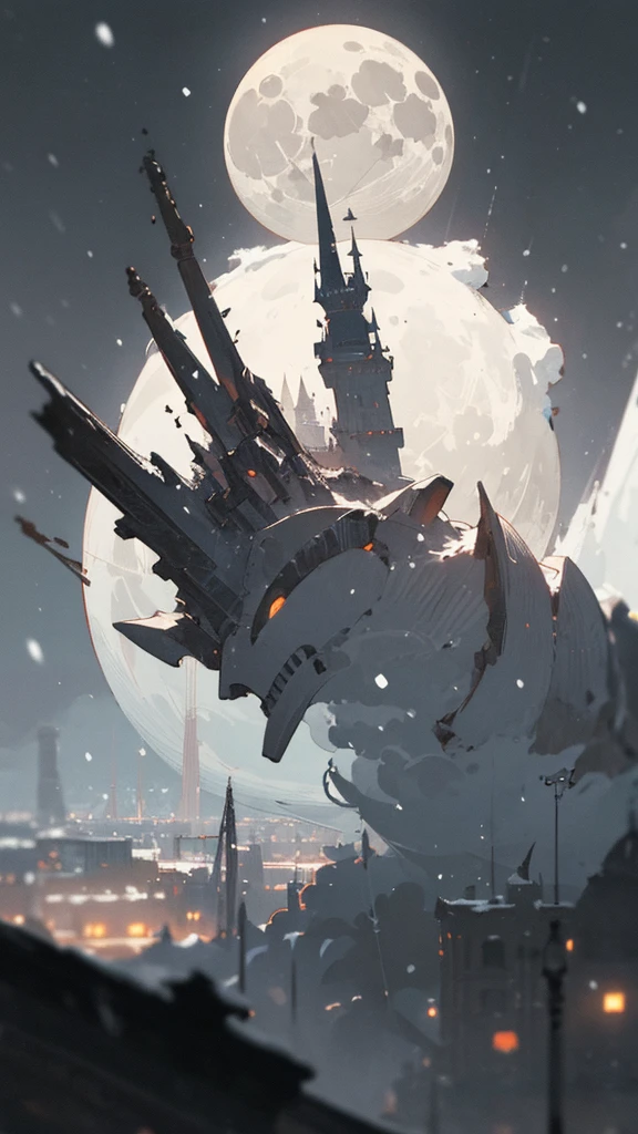 (masterpiece、highest quality)、Warm lighting、 Blurred foreground、Deep in the night、High Contrast,it's snowing,curse,Huge construction,Black night,full moon,universe,planet,Moon and Earth,Ruined World,City in the Sky