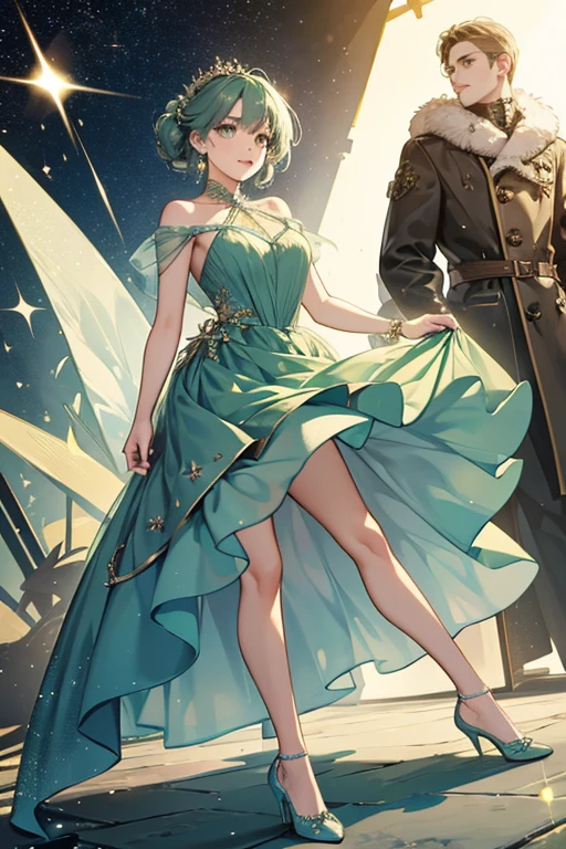 She is an olive green who wears a light blue gown and dark blue heels. SPARKLE; GLITTER