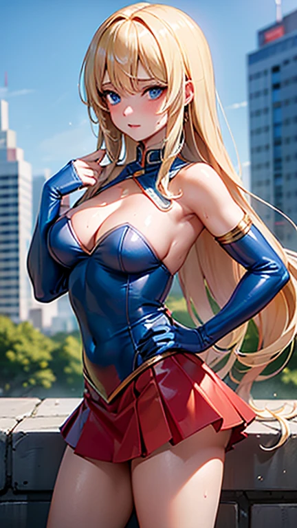((Best quality, Masterpiece, Nonsense)),1girll:1.9, y, ( 18 years old, Expressive blue eyes, shoulder-length blonde hair, Long hair,Loose and fluffy hair),Dressed Supergirl cosplay (Super Girl Suite custom role-playing), Shortest red skirt,eechi, Terrace in 1 building, supergirl, cleiny thong, t back, g string, big tits, , tiny top suitxy hero pose, hard nis, sweaty skin, side boob, super girl logo in thest