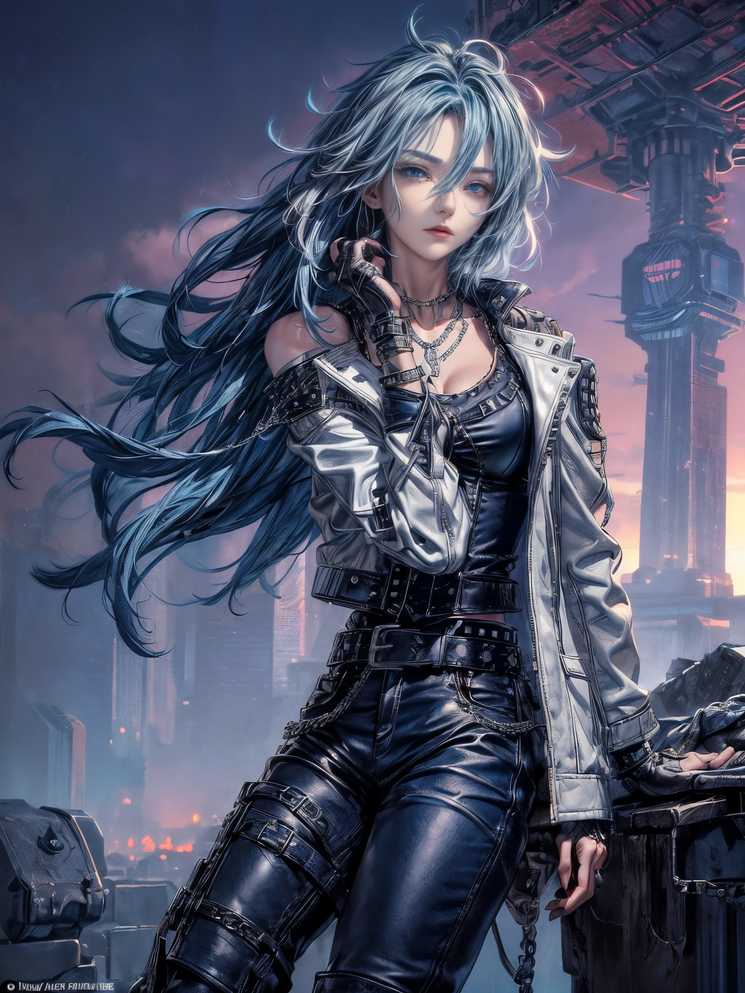 cinematic lighting、highest quality,cyberpunk world、1 female、(20 year old beautiful woman、Detailed beautiful facial featureEdium hair blue hair、shoulder length hair、messy hair、blue eyes:1.4)break,medium hair、(Bright blue hair:1.5)
break
((dark leather rebellion) theme),(Punk Rock T-Shirt:1.3) (A leather outfit with a fitted white leather jacket, leather pants, And thick boots:1.1), (Accessorized with silver chain jewelry and a studded leather belt:1.3)、break.(blue hair)
(Evening after the rain、I can see the sunset、Where you can see futuristic buildings in the distance、Wet area immediately after rain:1.2)break(portrait angle)
