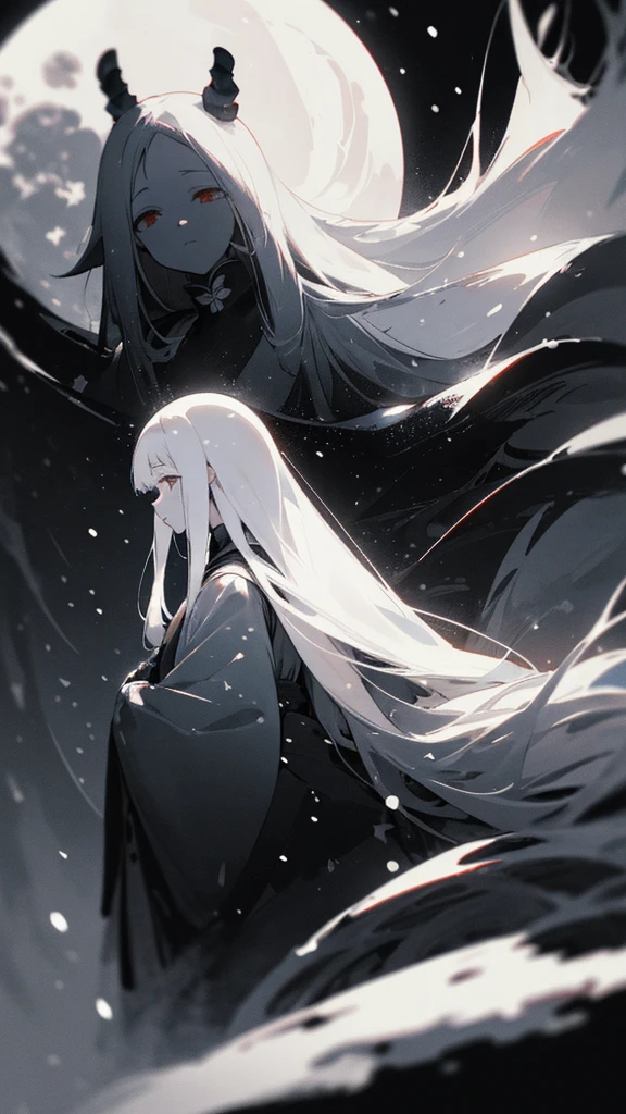 (masterpiece、highest quality)、Warm lighting、 Blurred foreground、Deep in the night、High Contrast,it's snowing,Black night,full moon,universe,planet,Moon and Earth,Ruined World,Very long white hair,Princess Kaguya