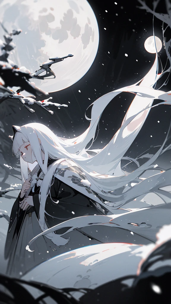 (masterpiece、highest quality)、Warm lighting、 Blurred foreground、Deep in the night、High Contrast,it&#39;s snowing,Black night,full moon,universe,planet,Moon and Earth,Ruined World,Very long white hair,Princess Kaguya