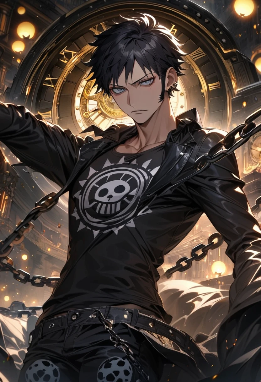 absurdres, highres, ultra detailed, HDR, master piece, best quality, extremely detailed face and eyes, perfect face, Trafalgar Law, expressive grey eyes, black hair, One Piece, solo, sexy man, handsome, black coat, black tight shirt, clock mechanical moon, fantasy, chains, fireflies