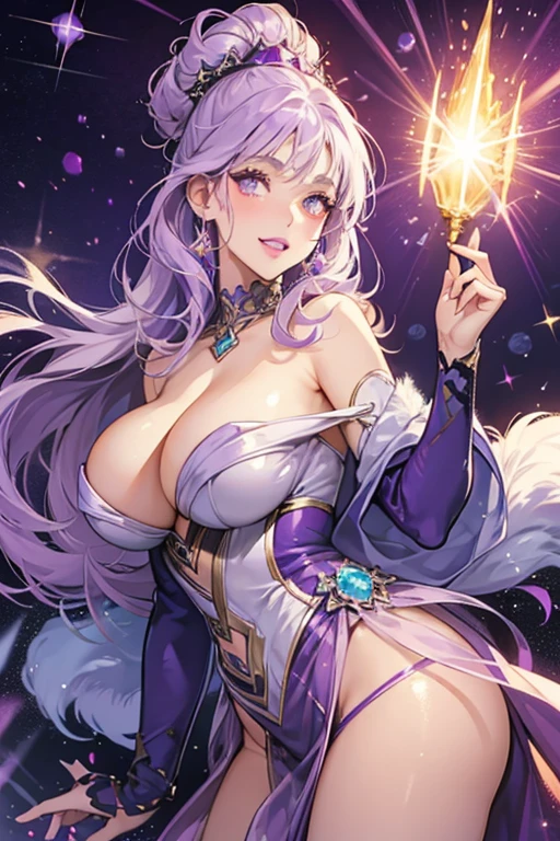 She is a very large with lavender skin and purple lips. She has a light orange spiky . She has yellowish-white pointy teeth as well. SPARKLE; GLITTER