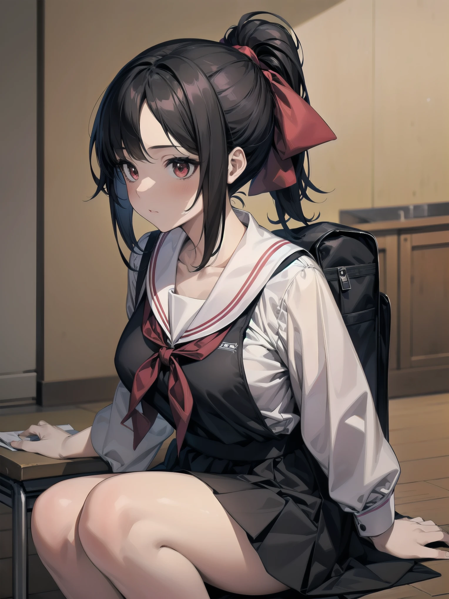Masterpiece, top quality, super detailed, 16k, One girl, spring, high school, warm colors, school bag, accurate and highly detailed background, flock of schoolgirls in uniforms of various body shapes and hairstyles, cute. Blake. kaguya shinomiya, red eyes, black hair, ribbon, red ribbon, hair ribbon, parted bangs, folded ponytail, , shuuchiin academy , dress, sidelocks, breasts, black dress, collarbone, short hair, long sleeves
