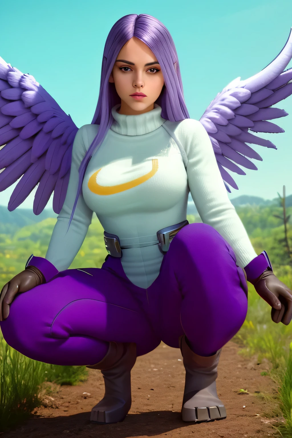 A rude archangel goddess woman beautiful sexual sexy purple hair her orange eye big eyebrows she wears a ribbed sweater and her lavender mesh pants cold polar fleece boot and she is wearing white steel gloves 