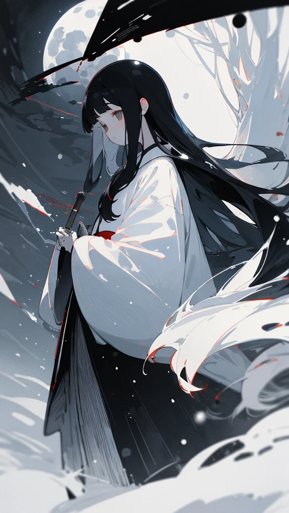 (masterpiece、highest quality)、Warm lighting、 Blurred foreground、Deep in the night、High Contrast,it&#39;s snowing,Black night,full moon,universe,planet,Moon and Earth,Ruined World,Very long white hair,Princess Kaguya
