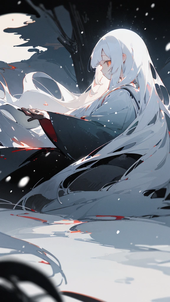 (masterpiece、highest quality)、Warm lighting、 Blurred foreground、Deep in the night、High Contrast,it&#39;s snowing,Black night,full moon,universe,planet,Moon and Earth,Ruined World,Very long white hair,Princess Kaguya