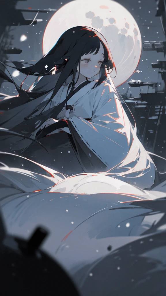 (masterpiece、highest quality)、Warm lighting、 Blurred foreground、Deep in the night、High Contrast,it&#39;s snowing,Black night,full moon,universe,planet,Moon and Earth,Ruined World,Very long white hair,Princess Kaguya