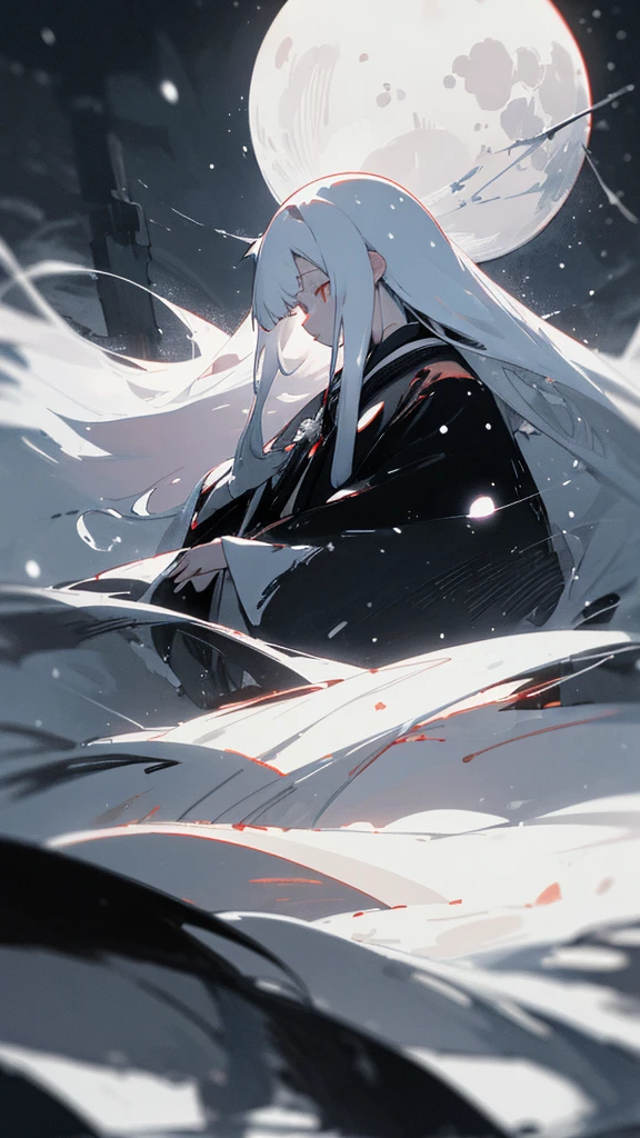 (masterpiece、highest quality)、Warm lighting、 Blurred foreground、Deep in the night、High Contrast,it's snowing,Black night,full moon,universe,planet,Moon and Earth,Ruined World,Very long white hair,Princess Kaguya