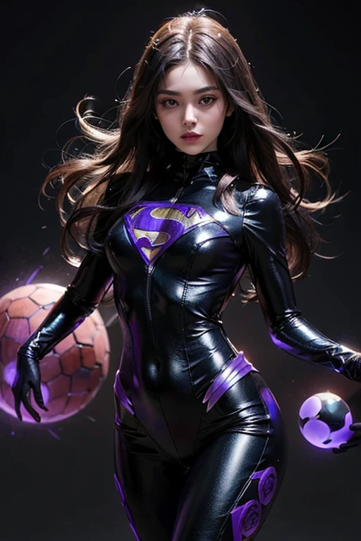 24 year old girl, superheroine in black and purple bodysuit costume covering legs, black and purple superhero theme, she's a superhero long black hair, small glowing purple orb floating next to her, intricate detail, masterpiece, ultr-realistic, 4k resolution, very detailed