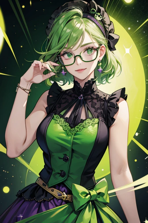 Mrs. Dutchman is a green who wears a green shirt with a light green skull on it, a black vest, green arm rings, glasses, and a bandana with dark purple dots. SPARKLE; GLITTER