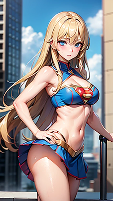 ((Best quality, Masterpiece, Nonsense)),1girll:1.9, Sexy, ( 18 years old, Expressive blue eyes, shoulder-length blonde hair, Long hair,Loose and fluffy hair),Dressed Supergirl cosplay (Super Girl Suite custom role-playing), Shortest red skirt,eechi, Terrace in 1 building, supergirl, cleavage, tiny thong, t back, g string, big tits, big butt, tiny top suit, sexy hero pose, hard niples, sweaty skin, side boob, super girl logo in the chest