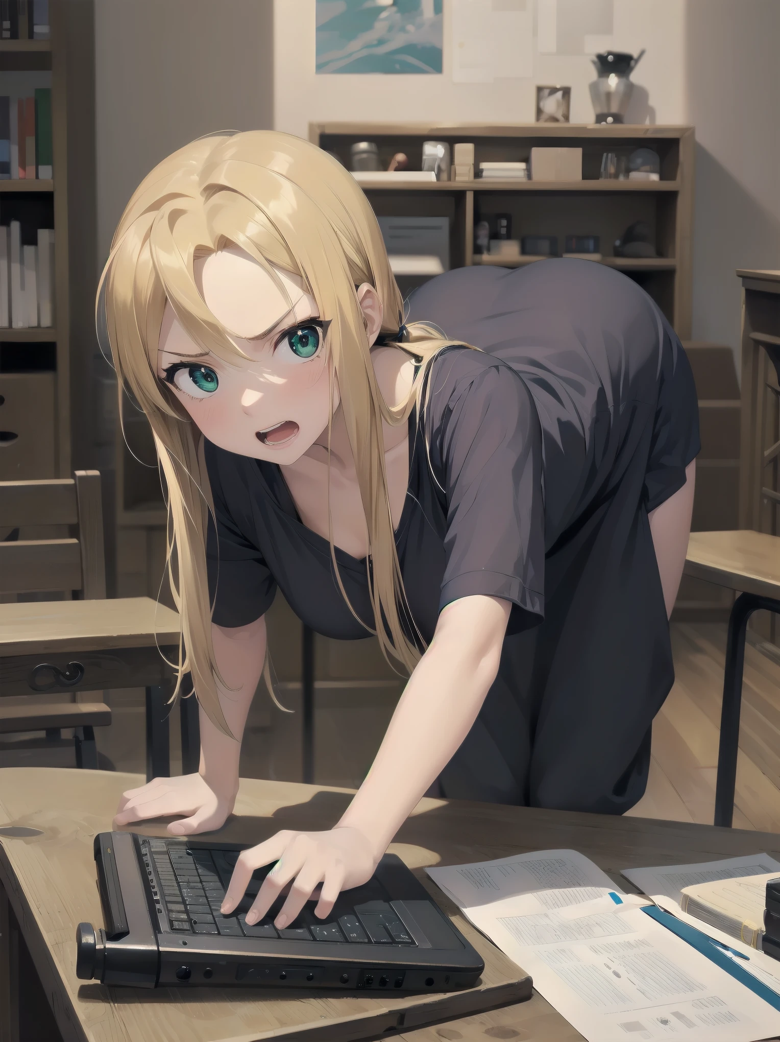 1girl,winry rockbell,fullmetal alchemist,
angry , open mouth,pose,
leaning forward, focus on face,
broken mechanical parts on desk,, (masterpiece:1.2),(best quality:1.2),newest, ai-generated,