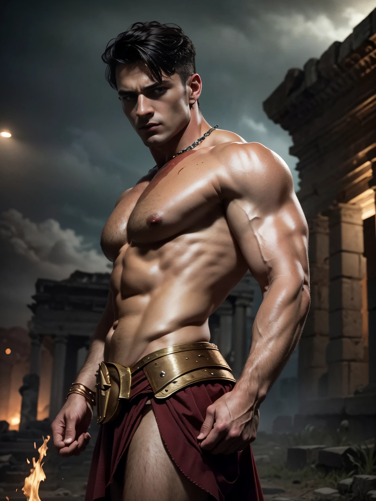 ((masterpiece)),((best quality)),8k, high detailed, ultra-detailed, Stylish Pose, real skin texture, dark cinematic lighting, full body shot, 35 mm lens, (masculine:1.6), 26-year-old Italian male model, handsome Roman, he is the god of war, he is Ares, Mars, evil-looking, strong look, light blue eyes, strong jawline, (dressed as a gladiator:1.2), (ancient gladiator:1.5), male gladiator skirt, shaved face, short wavy hair, dark brown, shirtless, top naked, smoke, fire, open field, battle, background, blood on his chest, , smooth skin, flawless skin, high detail, destroyed ancient Rome, (ancient army in the background:1.3), dark cloudy night,,,,, dim light, dark atmosphere, cinematic lighting, Depth of field, award-winning photography, elegant, hyperrealistic, octane render, unreal, high definition, 8k resolution, highly detailed, 8k uhd, professional lighting, photon mapping, radiosity, physically-based rendering
