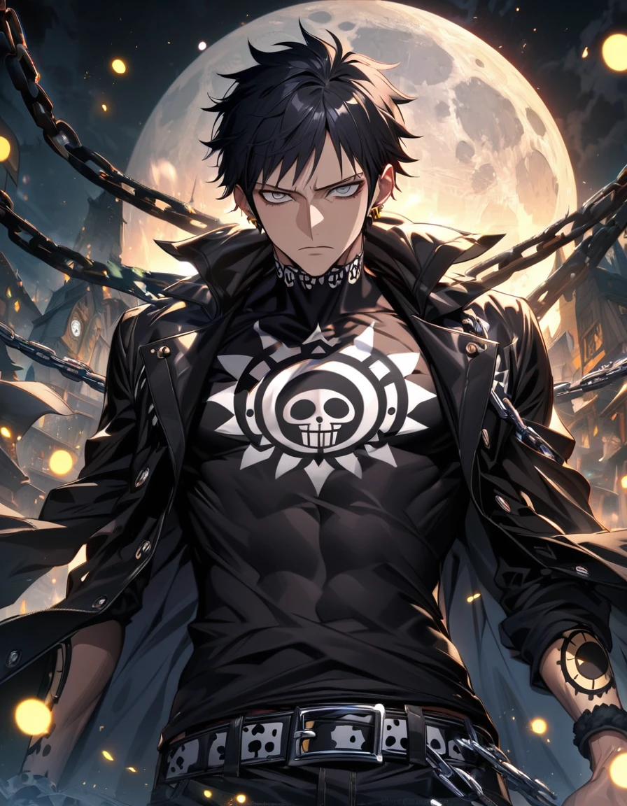 absurdres, highres, ultra detailed, HDR, master piece, best quality, extremely detailed face and eyes, perfect face, Trafalgar Law, expressive grey eyes, black hair, One Piece, solo, sexy man, handsome, black coat, black tight shirt, clock mechanical moon, fantasy, chains, fireflies