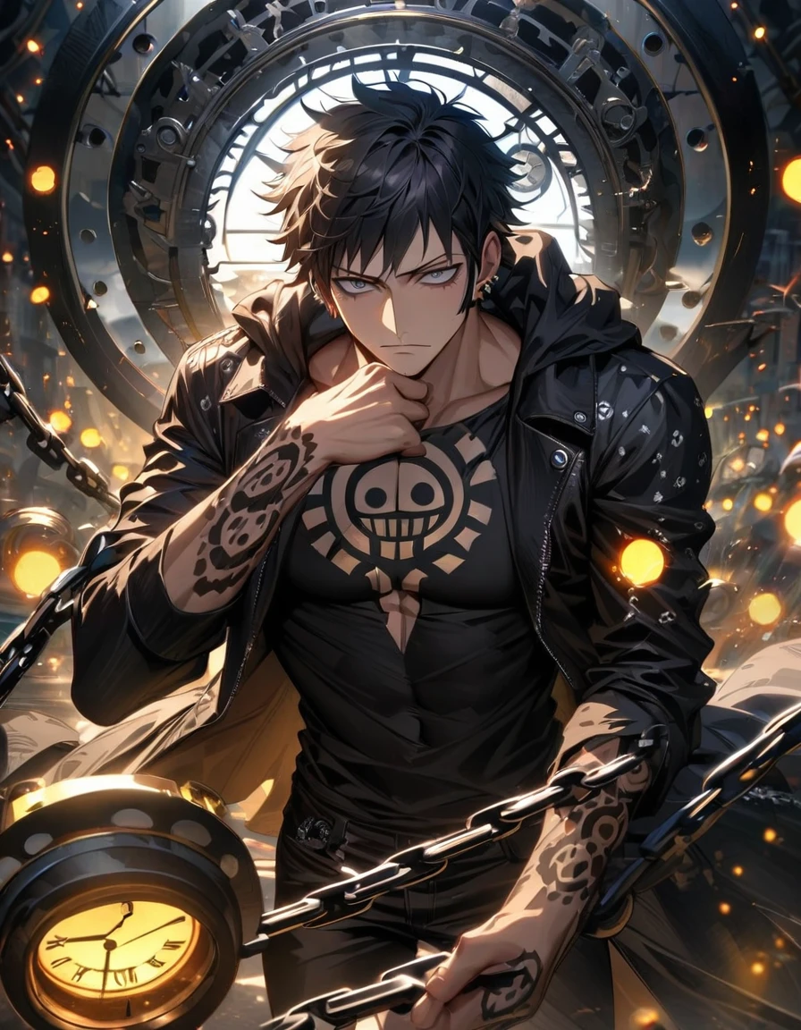 absurdres, highres, ultra detailed, HDR), master piece, best quality, Trafalgar Law, black hair, white hat, expressive detailed grey eyes, One Piece, 1man, handsome, petals, window, moon, black coat, bare chest, black heart tattoo 