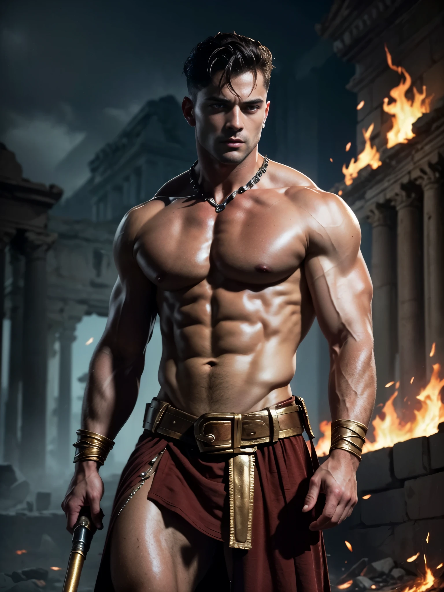 ((masterpiece)),((best quality)),8k, high detailed, ultra-detailed, Stylish Pose, real skin texture, dark cinematic lighting, full body shot, 35 mm lens, (masculine:1.6), 26-year-old Italian male model, handsome Roman, he is the god of war, he is Ares, Mars, evil-looking, strong look, light blue eyes, strong jawline, (dressed as a gladiator:1.2), (ancient gladiator:1.5), male gladiator skirt, shaved face, short wavy hair, dark brown, shirtless, top naked, smoke, fire, open field, battle, background, blood on his chest, , smooth skin, flawless skin, high detail, destroyed ancient Rome, (ancient army in the background:1.3), dark cloudy night,,,,, dim light, dark atmosphere, cinematic lighting, Depth of field, award-winning photography, elegant, hyperrealistic, octane render, unreal, high definition, 8k resolution, highly detailed, 8k uhd, professional lighting, photon mapping, radiosity, physically-based rendering
