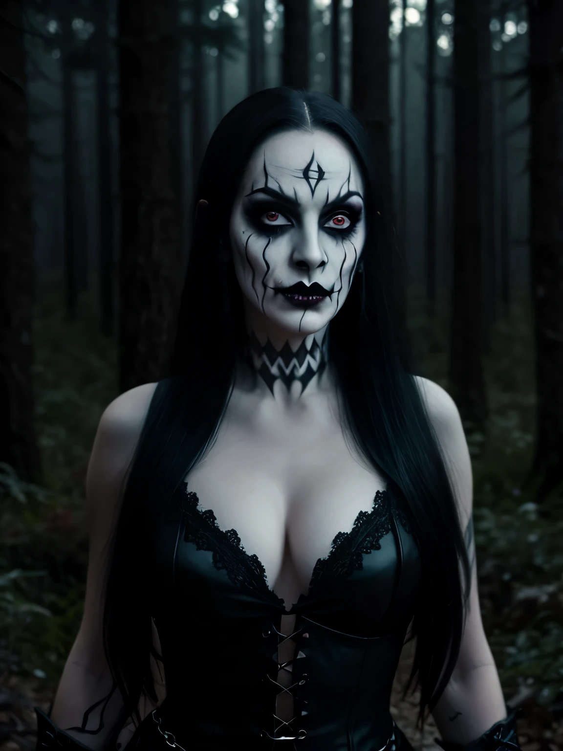 (masterpiece, best quality:1.2),  solo, highres, best quality, Half body shot of a pale white skin woman with (((black metal make-up))) in a dark forest, forest at night, horror movie. high details, super detail, textured skin, masterpiece, UHD, 4K, 8k. 