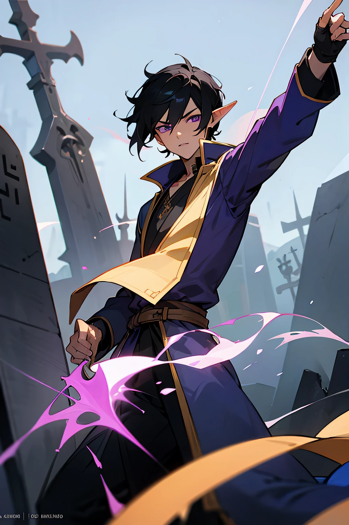 Male,  adult, Black Hair, purple eyes, Mage clothes, pointy ears, Graveyard background