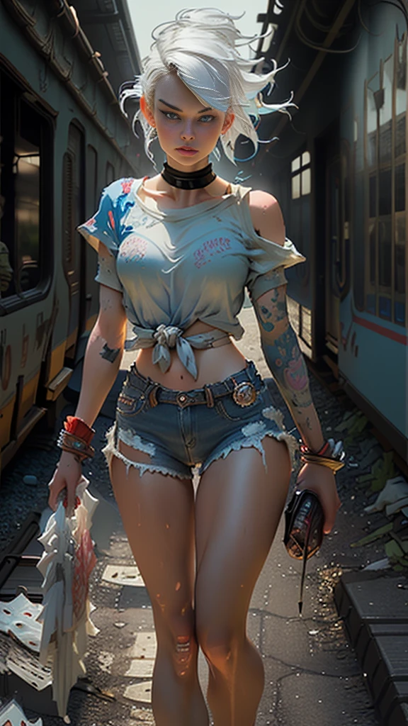MARGOT ROBBIE, lipstick and makeup blurred, sweaty body, white hair tied and divided into blue and pink, white T-shirt with red (T-shirt given a knot), very short red and blue shorts, black bracelet, black choker, boot, train track, abandoned train, abandoned cars, deserted road, (photo with better quality, a masterpiece, sensual, ultra detailed, ultra realistic, depth of field, HD, 85mm lens), intricate elegant, fantasy, detailed, metric by Greg Rutkowski and Alphonse Mucha, gradient lighting, dramatic effect, film style