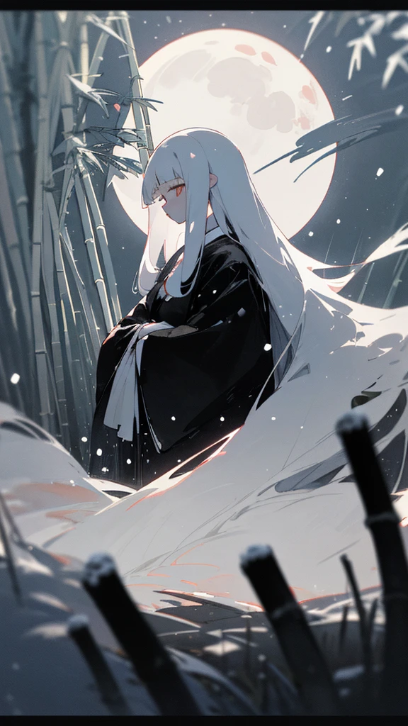 (masterpiece、highest quality)、Warm lighting、 Blurred foreground、Deep in the night、High Contrast,it&#39;s snowing,Black night,full moon,universe,planet,Moon and Earth,Ruined World,Very long white hair,Princess Kaguya,There is a lot of bamboo growing