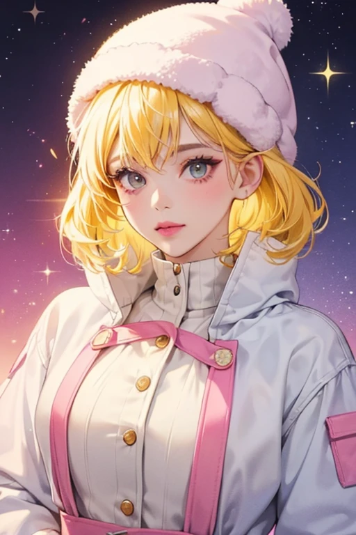 she is a light with yellow hair and pink lipstick.
For clothing, she wears a marshmallow hat with a marshmallow outfit. SPARKLE; GLITTER