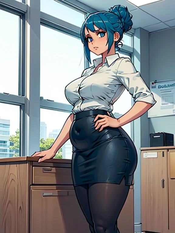 ((Masterpiece, best quality, perfect anatomy, perfect shading, perfect lighting)), art by Kipteitei, field of depth, extremely delicate and beautiful, detailed face, ultra cute face, cute, 1girl, (aqua blue hair), long wavy hair, hair up, blue eyes, black pencil skirt, dress shirt, cleavage, happy expression, blushing, holding donuts, (black pantyhose), ((((fat)))), (((wide hips))), ((tight clothes)), walking, fancy office background with lots of windows, detailed background, (cowboy shot)