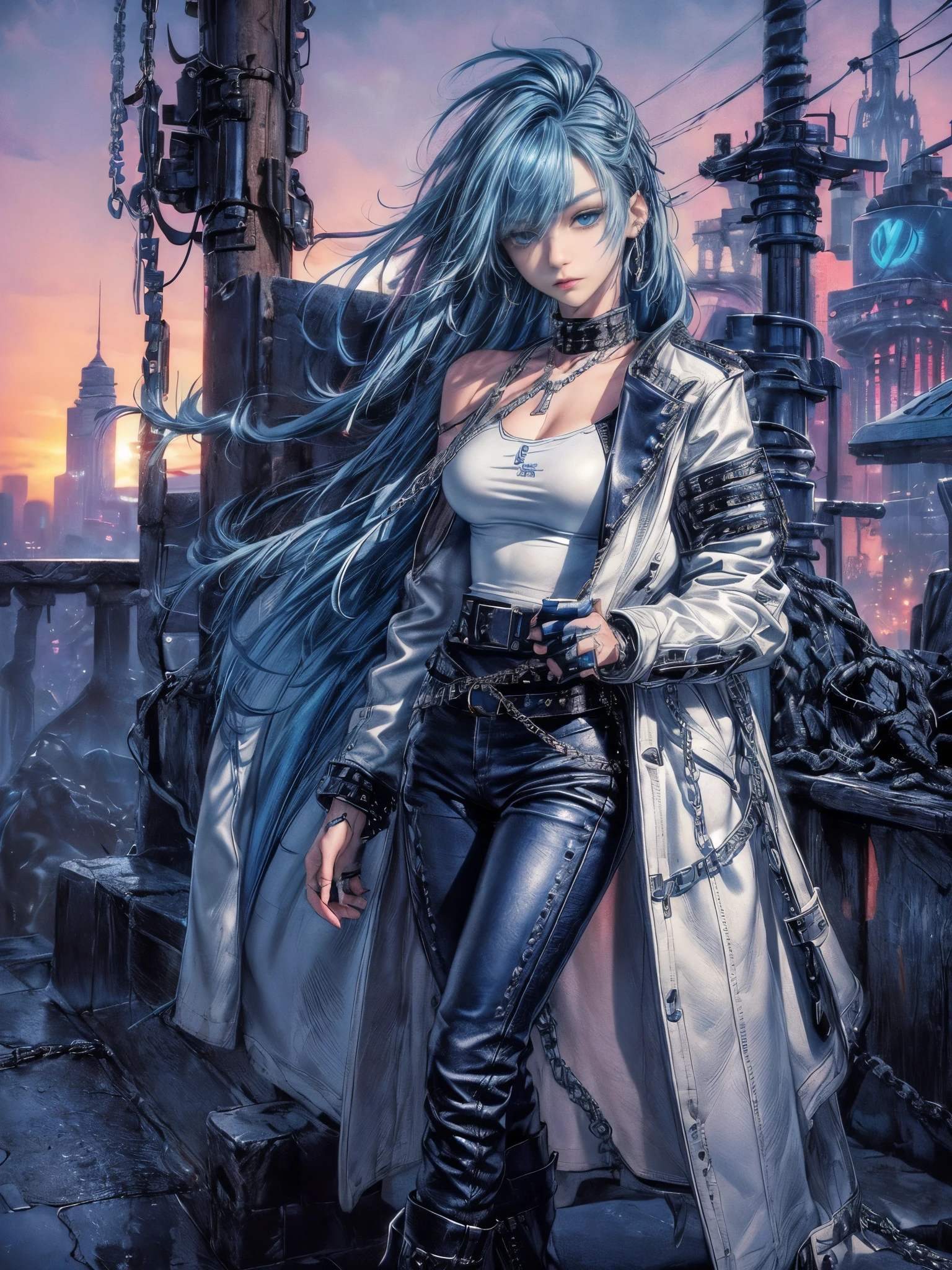 cinematic lighting、highest quality,cyberpunk world、1 female、(20 year old beautiful woman、Detailed beautiful facial featureEdium hair blue hair、shoulder length hair、messy hair、blue eyes:1.4)break,medium hair、(Bright blue hair:1.5)
break
((dark leather rebellion) theme),(Punk Rock T-Shirt:1.3) (A leather outfit with a fitted white leather jacket, leather pants, And thick boots:1.1), (Accessorized with silver chain jewelry and a studded leather belt:1.3)、break.(blue hair)
(Evening after the rain、I can see the sunset、Where you can see futuristic buildings in the distance、Wet area immediately after rain:1.2)break(portrait angle)